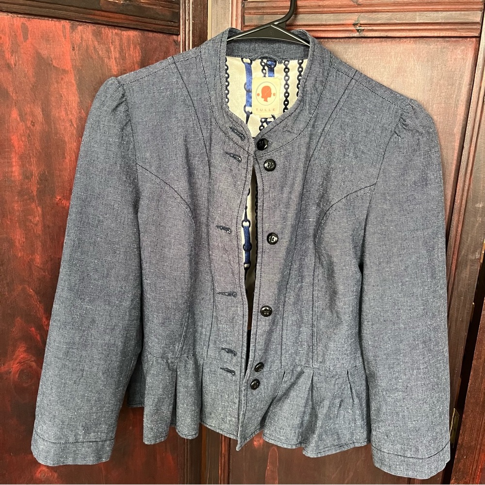 Tulle Denim Like Peplum Blazer size S fully lined. - Picture 12 of 13